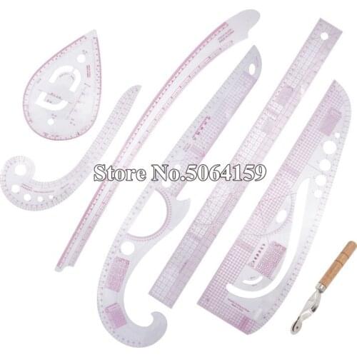 7pcs/set Ruler Tailor Measuring Kit Clear Sewing Drawing Ruler Yardstick Sleeve Arm French Curve Set Cutting Ruler Paddle Wheel