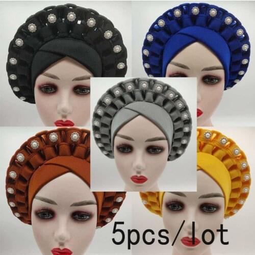 5pcs Random Color Nigerian Aso Oke Gele Headtie Already Made Auto Geles Aso Ebi Headties African Turban Cap Female Head Wraps