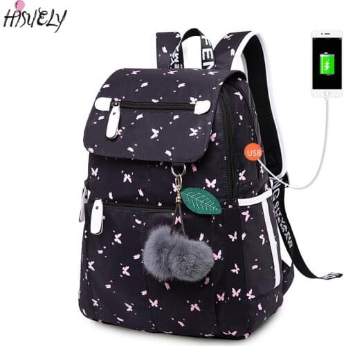 2021 New female fashion school backpack usb school bags for girls black backpack plusch ball girl schoolbag butterfly decoration