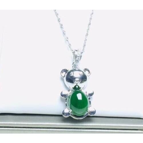 S925 Sterling Silver Natural Hetian Jasper Gems 12*16mm Little Bear Silver Neck Pendant Necklace Womens Jewelry Christmas Gift