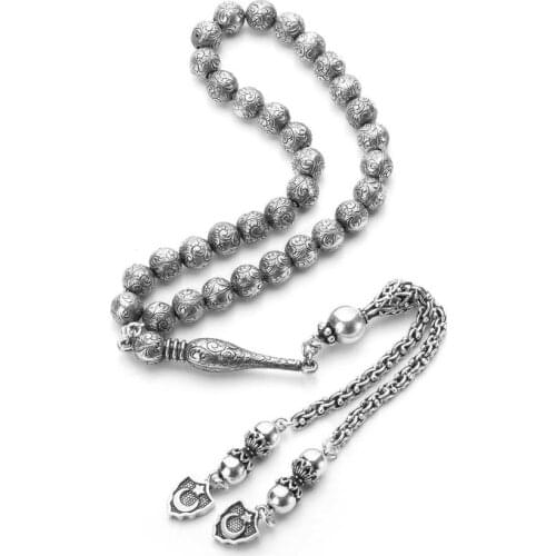 Silver Prayer Rosary Men Rosary With Silver Tassel Turkish Tasbih Crescent Star Model Tassel 925 Sterling Silver Made in Turkey