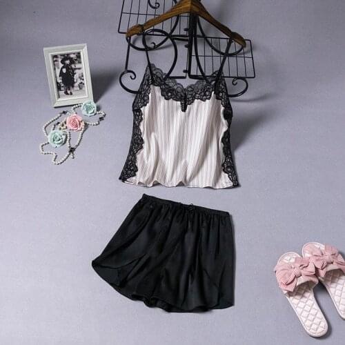 Strap Top&Shorts Women Pajamas Sets Stripe Lace Trim Pyjamas Summer Rayon Sleep Suit Sleepwear Nightwear 2PCS Loose Home Wear