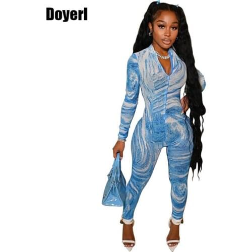 Streetwear Tie Dye Print Bodycon Jumpsuit Long Sleeve Long Pants Romper One Piece Outfit Party Club Skinny Bandage Jumpsuit 2021