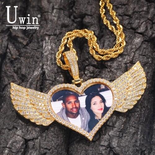 Uwin Custom Photo Necklace Heart With Wing Men Charm HipHop Bling Iced Out Jewelry For Gift Tennis Chain