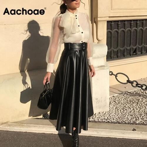 Aachoae Faux Leather Skirt Women Elegant Tie Belt High Waist Long Pleated Skirts Vintage A-line Midi Skirt 2020 Spring