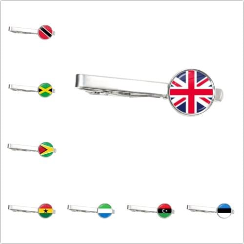 National Flag 16mm Tie Clip Trinidad,Sierra leone,Jamaica,Guyana,Ghana,UK,Libya,Estonia,India Glass Jewelry for Male Gentleman