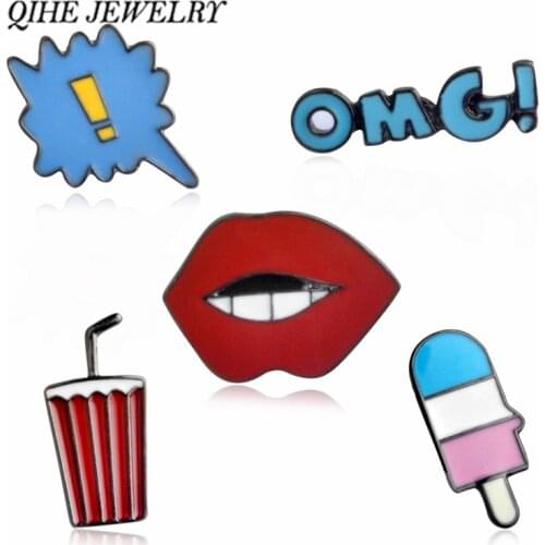 QIHE JEWELRY Cute Beach Style Drink Red Lip Ice Cream Enamel Brooch Pins Set Collar Lapel Badge Jewelry For Women Men Gift