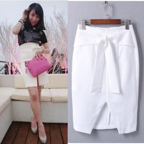 Customize Women Spring Summer Big Plus Size 3XS-10XL Bow Decoration Front Slit Sexy Short Mini Midi Pencil Skirt Black/White/Red