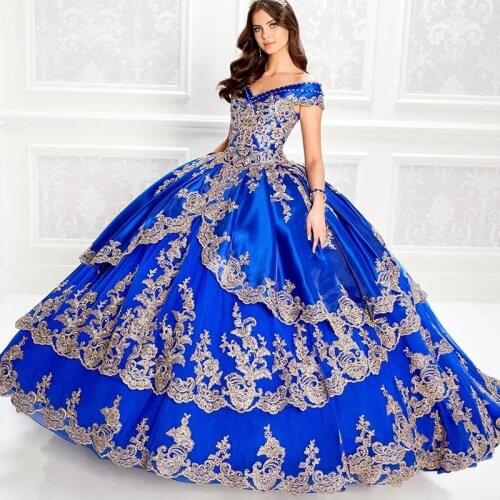 GY Off the Shoulder Royal Blue Dresses With Gold Appliqued Ball Gowns Prom Dresses Lace-up Sweet 16 Party Gowns