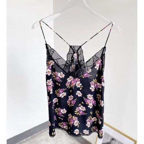 Lace Stitching Camisole Women Sleeveless 100% Viscose 2020 Fashion Floral Printing Camis