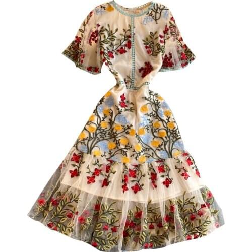 Elegant Vintage Mesh Embroidery Dress Women Short Sleeve Ruffles A-line Dress Summer High Quality Chic Streetwear Dress 2021