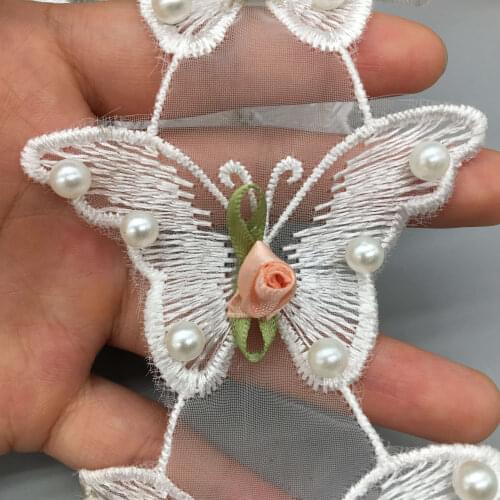 10X African Lace Fabric Trim Pearl Beaded Butterfly Flower Embroidered Ribbon DIY Sewing Craft Wedding Dress Decoration 7x3.5cm