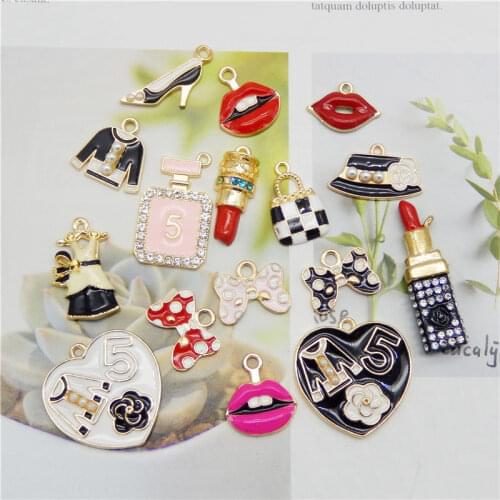 16pcs Mixed Enamel Women Dress Lipstick Shoes Perfume Bottle Charms Female Supplies Pendant for Bracelet Jewelry DIY Accessory