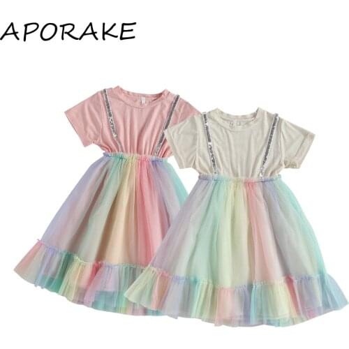 2021 5-11Y Toddler Baby Girls Princess Dress Fashion Summer Sequins Straps Short Sleeve Patch Rainbow Tulle Tutu Dress For Party