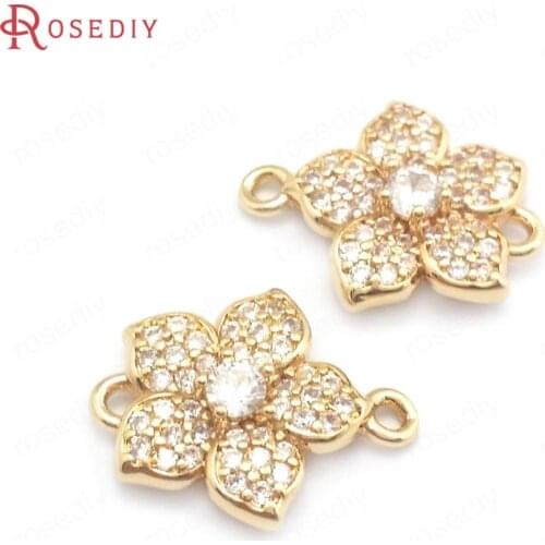 40671)6PCS 24K Champagne Gold Color Brass and Zircon 2 Holes Connect Flower Charms Pendants Jewelry Making Supplies Accessories