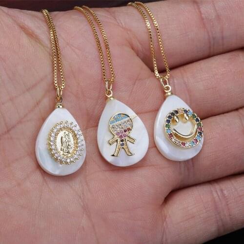 White clear cz glass paved gold Virgin Mary statue religious charm white water drop shell pendant choker necklace for women
