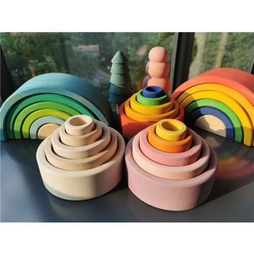 Baby Wooden Toys Rainbow Nesting Bowls /Color Unpaint Nature Wood Stackable Bowls Kids Montessori Toy