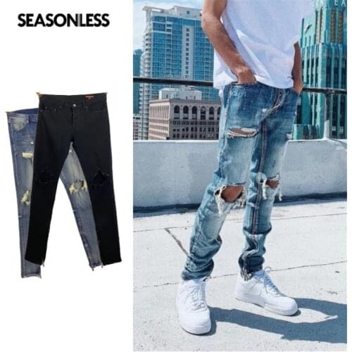 SEASONLESS Authentics Male Washed stretch Jeans for men pants clothing Destroy Zipper at inseam Slim fit Classic 5-Pocket Cotton