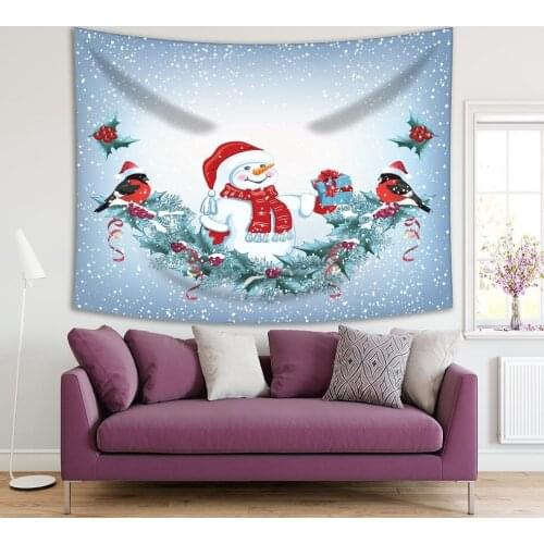 Tapestry in Snowman Santa Hat with Gift Box Christmas Decorative Garland of Bullfinches Snowy Winter Holiday Theme Red White Art