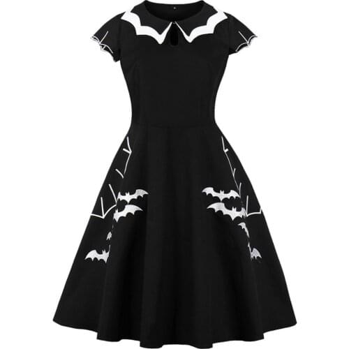 Gothic Punk Party Dresses Women Summer Swing Vestidos Plus Size Clothing 5XL Black Bat Embroidery Vintage Retro Halloween Dress