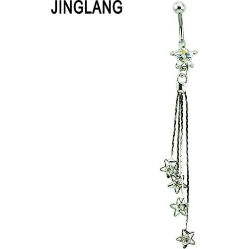 JINGLANG Body Piercing Fashion Belly Button Rings Surgical Steel Barbells Dangle White Rhinestone Chain Star Navel Rings Jewelry