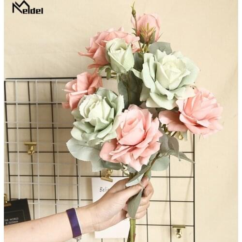 Meldel Bouquet 3 Heads Silk Jasmine Snow Rose Artificial Rose Branch Decor Flower Wedding Home Decoration Fake Flower Wholesale