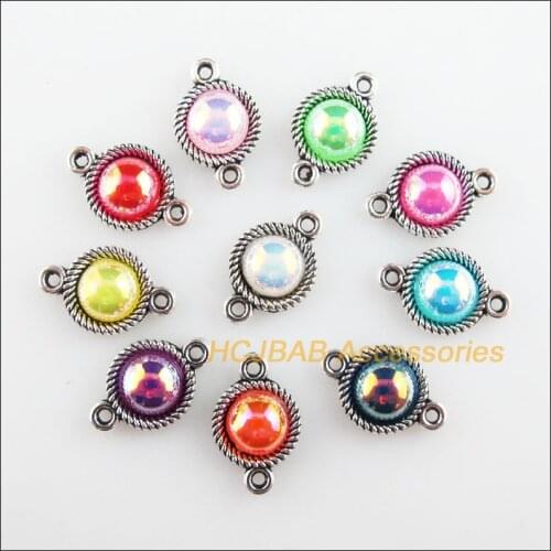 Fashion 30Pcs New Round Charms Tibetan Silver Tone Retro Mixed Acrylic Connectors 8.5x13mm