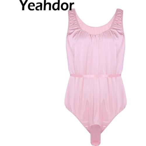 Mens Sexy One-Piece Shiny Satin Sissy Lingerie Bodysuit Sleeveless Open Sheath Solid Color Nightwear Gay Sleepwear Night Outfits