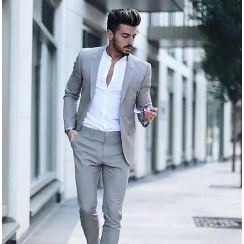 Casual Grey Men Suits Fashion Street Smart Business Male tuxedo Summer Beach Wedding Suits For Men Prom Party Best Man Suit 2PCS