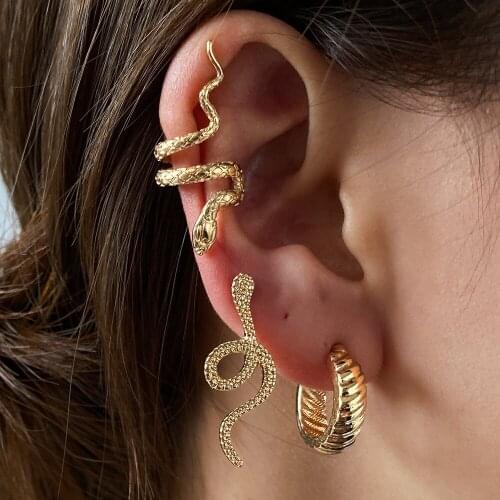 Retro Snake Earrings Set Women Cool Wind Fashion Ins Snake Clip Earrings Glod Color Ear Cuffs Lots for Female