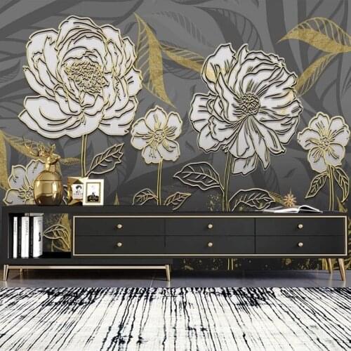 Custom Mural Wallpaper Modern Light Luxury 3D Flower Golden Embossed Line Background Wall Painting Living Room Papel De Parede