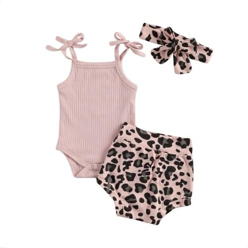 New Infant Girls 3 Pcs Outfits Suits, Sling Tank Tops Romper Tops + Leopard Shorts + Headband Sets