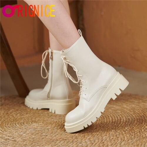 Orignice 2021 Autumn Women Ankle Boots Beige Brown Leather Fashion Round Toe Cross Tied Daily Life Gothic Shoes Plus Size 34- 43
