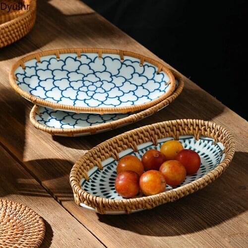 DyuIhr Nordic Creative Rattan Fruit Tray Home Living Room Snacks Dessert Fruit Tray Holiday Party Afternoon Tea Pastry Tray