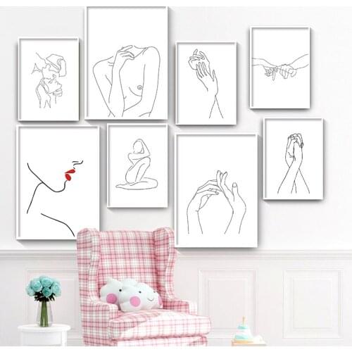 Nordic Black White Abstract Lady Line Drawing Pictures Canvas Painting Wall Art Figure Body Hand Poster and Print for Home Decor