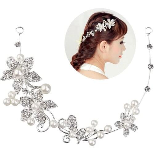 Wedding Headband Girl Tiaras and Crowns Rhinestone Flower Pearl Decor Headpiece Soft Chain Hair Accessories Bridal Headpiece
