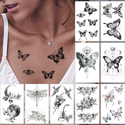 Waterproof Temporary Tattoo Sticker Black Butterfly Wing Flash Tatoo Neck Face Woman Man Child Realistic Body Art Tattoos