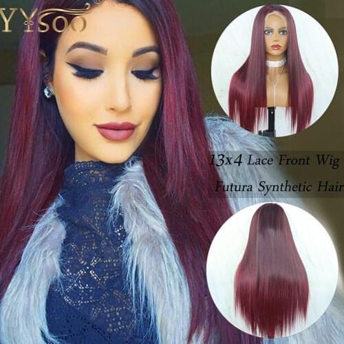 YYsoo Long Straight Red Mixed Black13x4 Futura Synthetic Lace Front Wigs Natural Hairline Japan Glueless Highlight Wig For Women