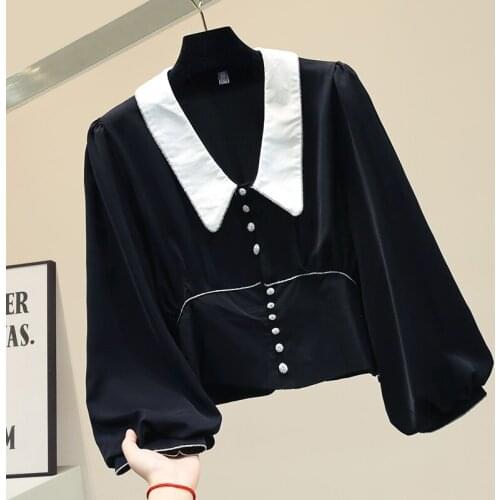 Vintage Short Doll Collar Lantern Sleeve Shirt Female Loose Blouse Women Autumn Winter New Shirts Black Top Office Lady Blusas