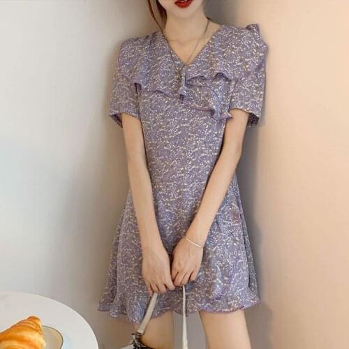 Female Korean Kawaii Loose Floral Ins Doll Collar Dress Womens Dresses Japanese Harajuku Vintage Ulzzang Clothing For Women