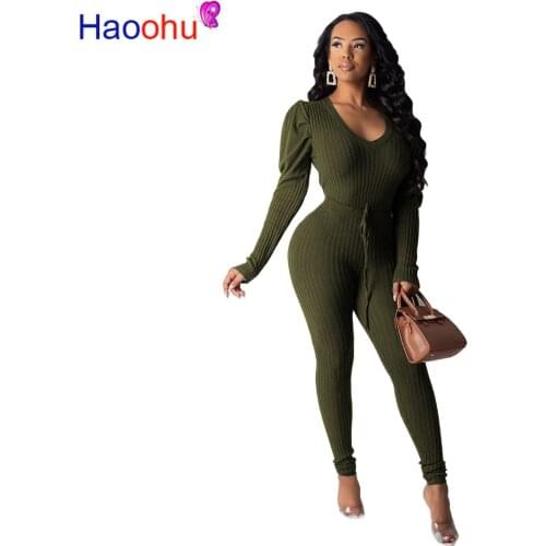 Winter Women Set Full Puff Sleeve Knitted Tracksuit V-Neck Tops Pants Suit Two Piece Set Night Club Sportswear Outfits