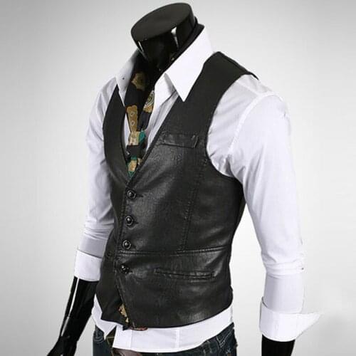 New Chaleco Hombre Pu Leather Vests For Men Slim Fit Mens Suit Vest Male Waistcoat Gilet Homme Formal Business Jacket Mens Vest