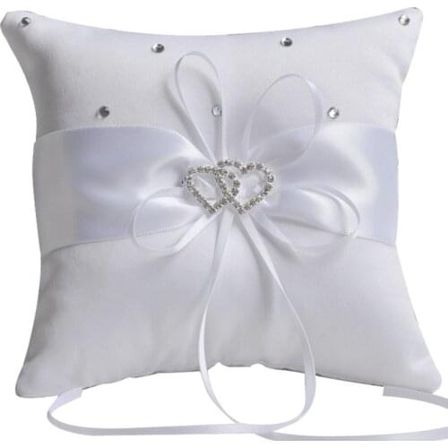 10CM European Wedding Decor Ring Pillow Double Heart White Red Blue Handmade Ribbon Bowknot Rhinestone Party Supplies