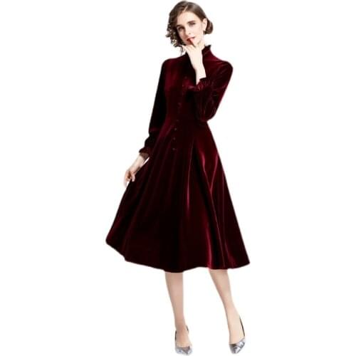 Banulin 2021 Autumn Winter Runway Red Velvet Evening Party Dress Women Stand Collar Long Flare Sleeve Vintage Midi Dress N78818