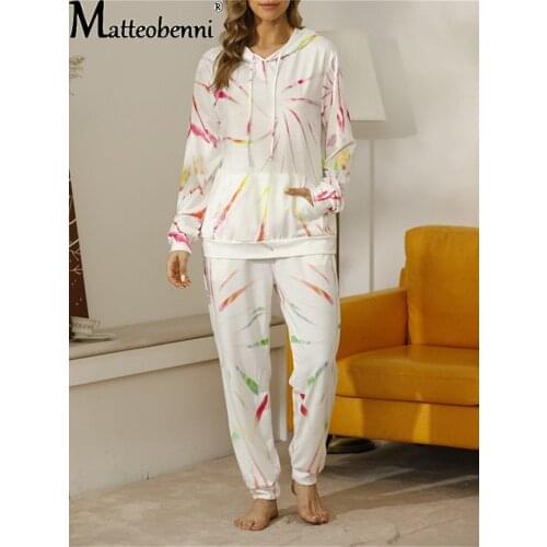 Home Clothes Women Tracksuit Two Piece Tie-Dye Printed Lounge wear Set Long Sleeve Hoodie And Trousers Print Casual Sweatsuit