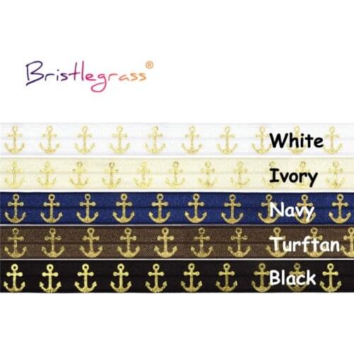 BRISTLEGRASS Combo 5 Yard 5/8" 15mm Gold Anchor Foil Print Foldover Elastic FOE Spandex Band Tape Hair Tie Dress DIY Sewing Trim
