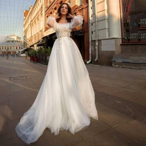 Eightree Off Soulder Wedding Dresses Elegant White Applique Tulle A-Line Bridal Dress Backless Puff Sleeve Wedding Evening Gowns
