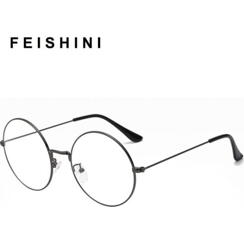 Feishini Computer Glasses Women Round Rays Radiation Gamin Eyewear Big Frames Metal Unisex Anti Blue Light Glasses Men Print