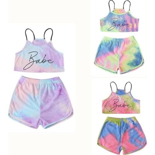 Fashion 2Pcs Toddler Baby Kid Girls Summer Sleeveless Spaghetti Strap Tie-dye Tops+Casual Shorts Outfit Clothes Set