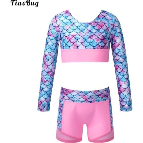 Kids Girl Gym Yoga 2Pcs Sport Suit Round Neck Long Sleeve Sash Cross At Rear Colorful Block Fish Scale Print Crop Top Shorts Set
